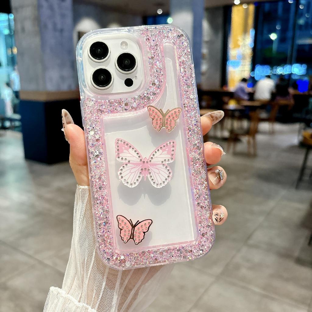 For iPhone 16 Pro Case with 3 Butterflies Decor Glitter Rhinestone Epoxy Design TPU Phone Cover