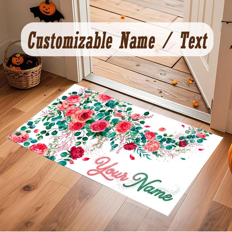 Floral Garden Theme Crystal Velvet Floor Rug Personalized Custom Name Text Warm Carpet Home Decoration