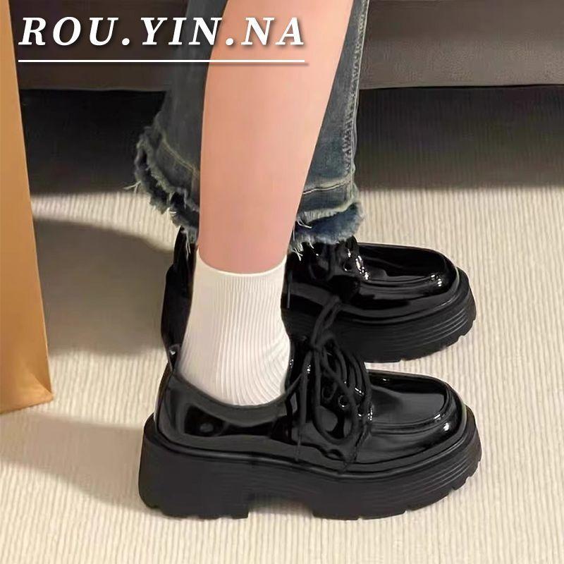 Black Platform Versatile Lace-up Small Leather Shoes for Women's 2025 Spring and Autumn New Retro British Style Loafer Single Shoes