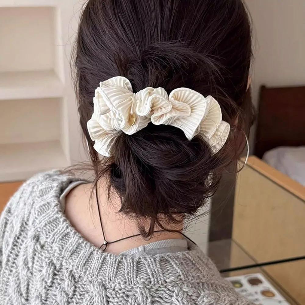Leel Scrunchie / Daily Pleated Lace Shirring Pendant Scrunchie Hair Tie ivory