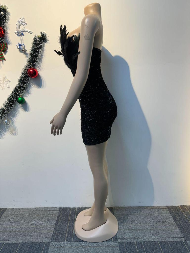 K3205 European and American Sequin Deep V Strapless Feather Bodycon Dress