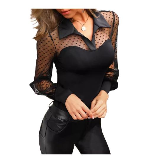 

Женская рубашка с воротником, длинный рукав, прозрачная сетка, вставки, летняя рубашка, стиль для поездок на работу, мягкая, эластичная, топ-рубашка, повседневная одежда S