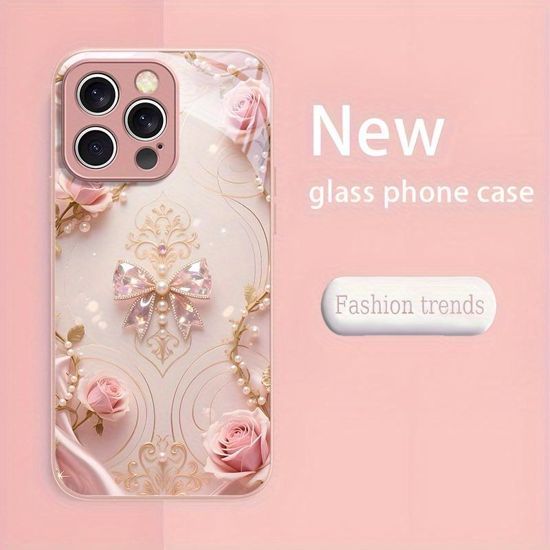 Crystal Bow Pattern Pink Metallic Paint Glass Hard Phone Case For iPhone 17 16 15 14 13 12 11 Pro Max 15 14 Plus 16E 17Air Cover