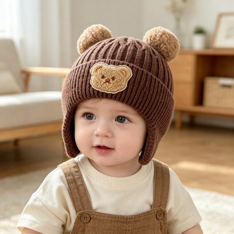 Autumn and Winter Children's Thickened Warm Ear Protectors, Boys and Girls Cartoon Wool Knitted Hats, Cute Bear Integrated Hats