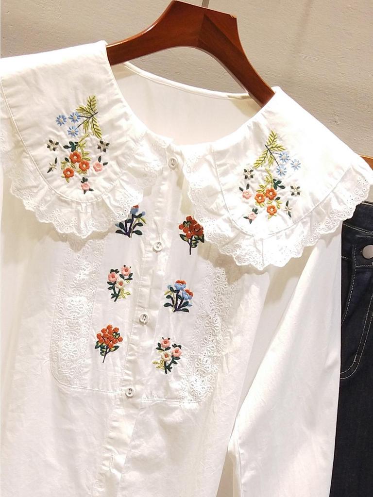 Damen Plus Size Bestickte Spitze Puppenkragen Langarmshirt - Frühling/Herbst Modischer Studentenstil