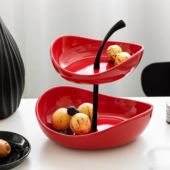 Double Layer Fruit Plate Multi-Layer Ceramic Fruit Bowl with Metal Stand Dishwasher Safe Corner Kitchen Countertop Organizer for Fruits Snacks Cakes