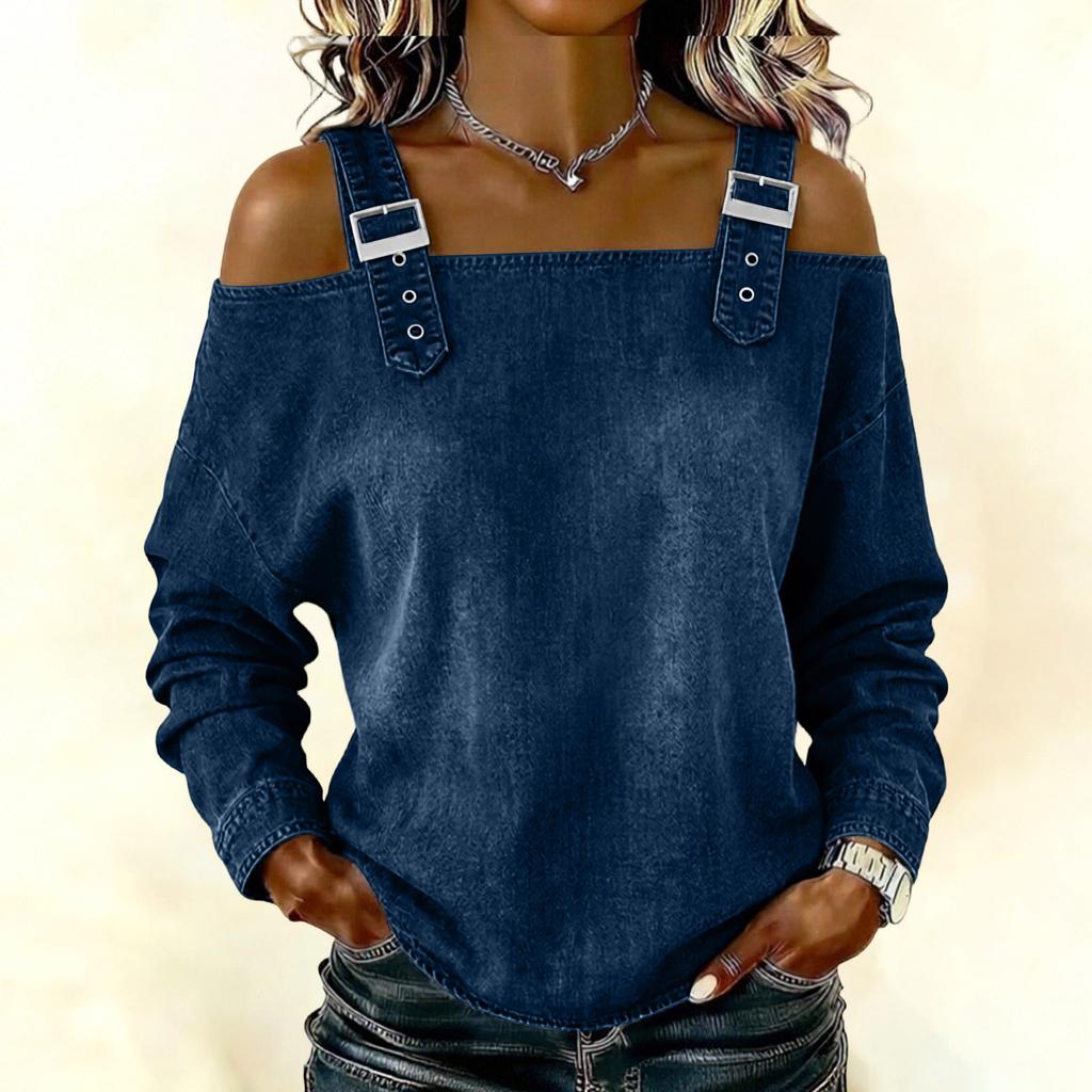 Women's Elegant And Versatile Off-the-shoulder Long-sleeved Top With Shoulder Straps.