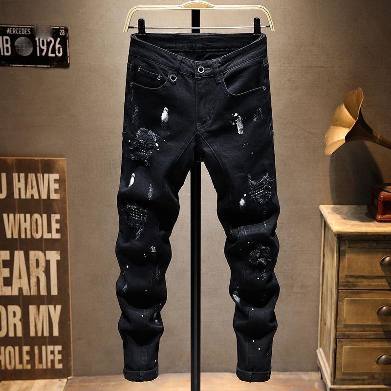 

Fashion Trendy Slim Denim Jeans Men Distressed Ripped Holes Patches Spring Autumn Casual Design Korean Luxury Clothing Trousers 36