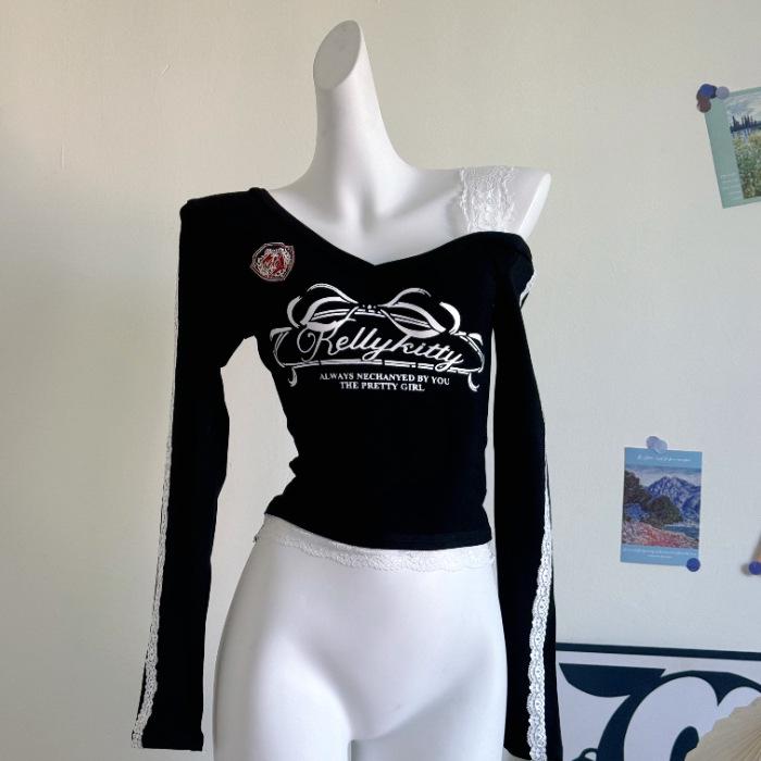 

Американский кружевной облегающий топ с открытыми плечами и длинными рукавами для женщин - стиль осень/зима Small (S) чёрный