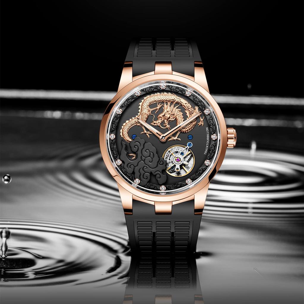 Zegarek HAOFA Zegarek Carcel Mechaniczny Nakręcany Ręcznie Tarcza 3D Złoty Smok Diamentowy Zegarek Wodoodporny Pasek Gumowy Luksusowy Prezent Dla Dżentelmena Męski