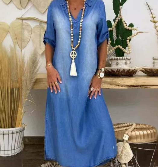 Dameslos Denim Maxi Jurk Grote Maten Omgeslagen Kraag Halve Mouw Casual Lange Jurk