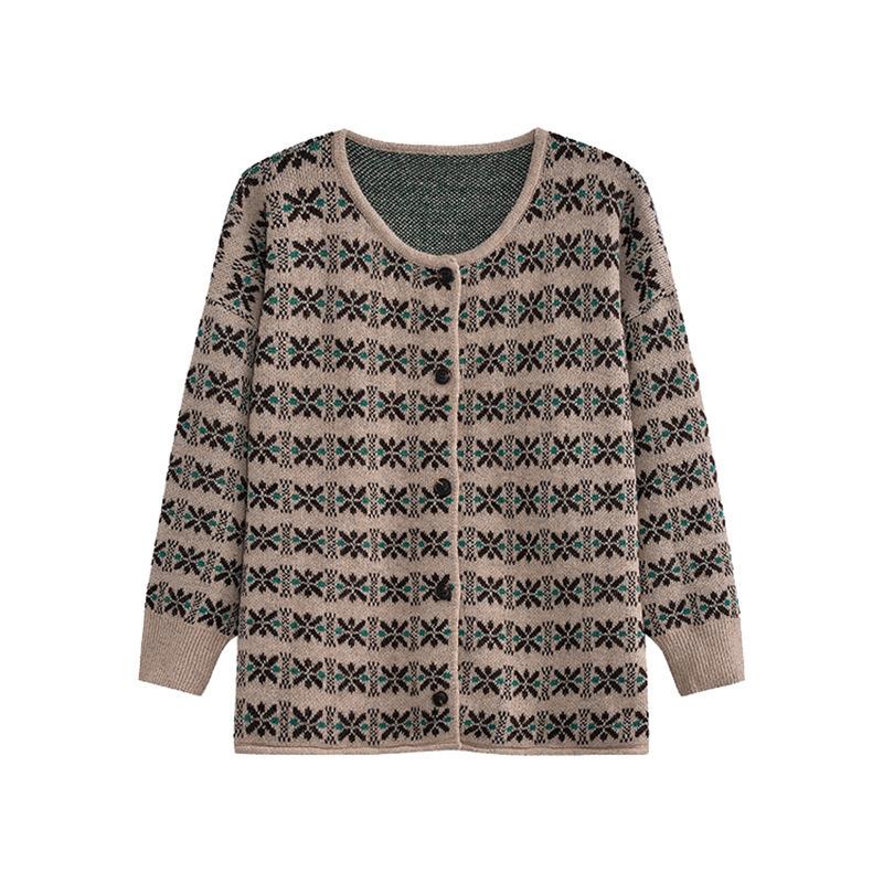 Color Matching Flowers Retro New Autumn and Winter Loose Knitted Sweater Round Neck Soft Waxy Sweater Cardigan Jacket Women