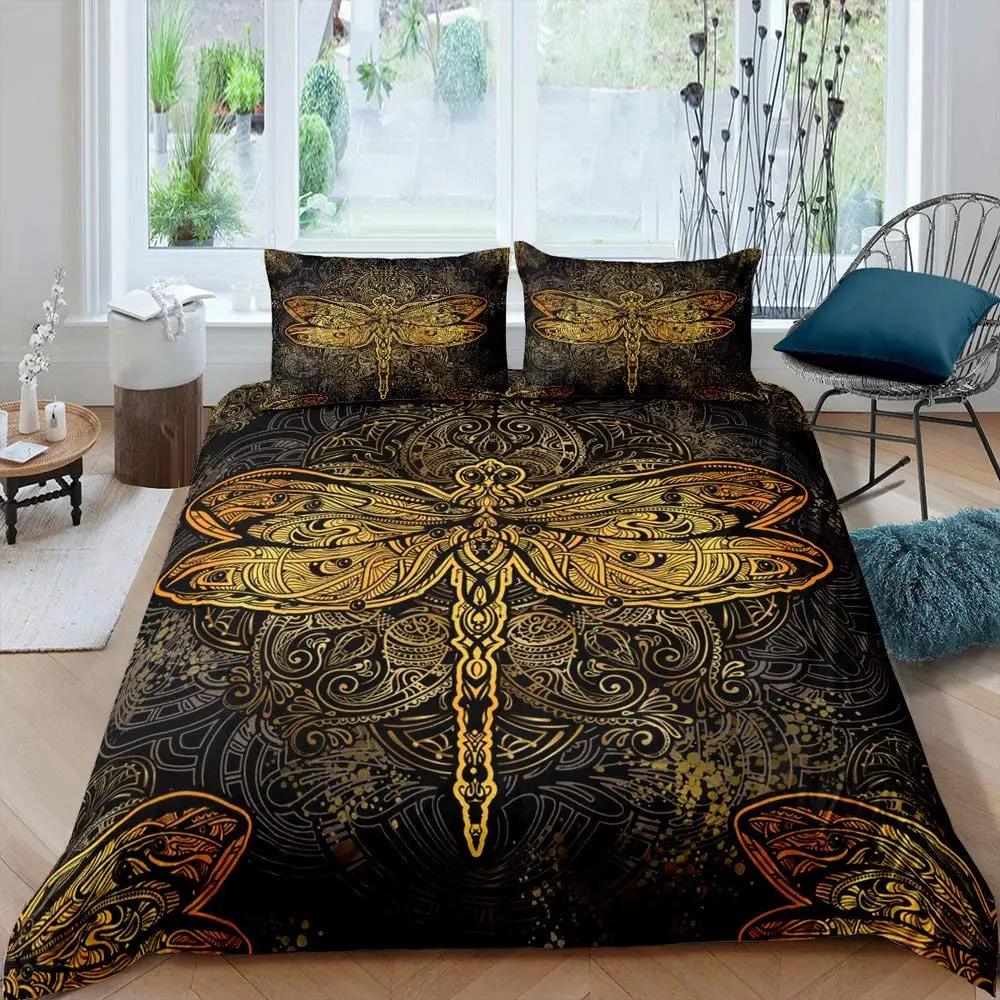 Böhmische Libelle Bettbezug-Set King Size Mandala Paisley Bettwäsche-Set Lila Batik Irisierend Hippie Polyester Steppdeckenbezug