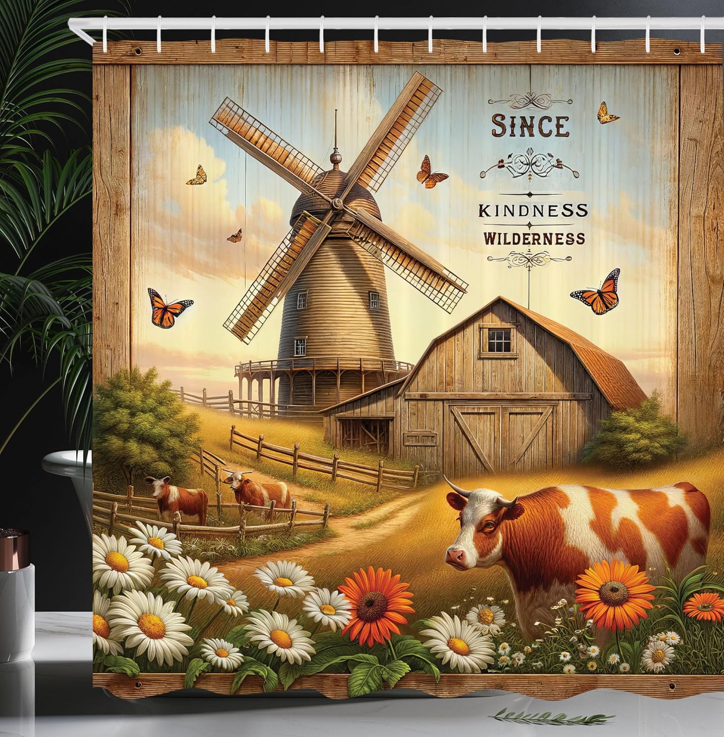 

Farmhouse Shower Curtain Vintage Countryside Barn Windmill Cows Butterflies Magic Landscape Amber Off White Green Hooks W60H190(CM)-1 Pcs