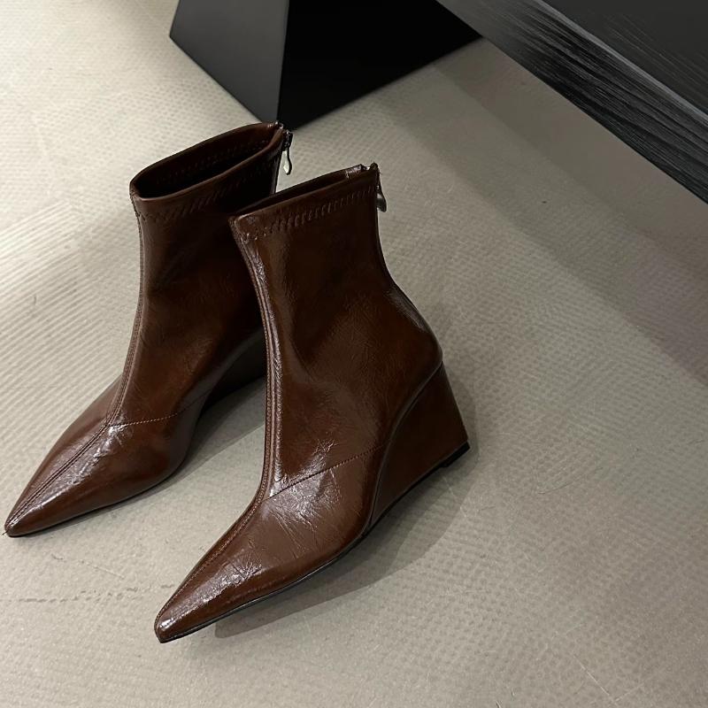 Autumn Winter Vintage Weges Heel Women Ankle Boots Fashion Pointed Toe Shoes Female Party Stripper Short Booties  De Muje
