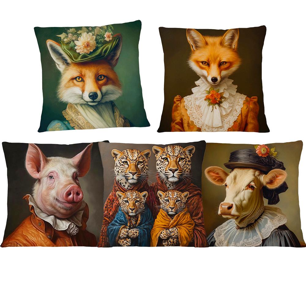 Animals Head Human Body Poster Cushion Cover Fox Cow Elephant Hippo Pig Leopard Duck Art Pillow Case