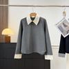 Women's Wool-Blend Two-Piece Color-Block Lapel Half-Zip Hoodie for Early Spring