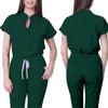 Damen Krankenschwester Overall Stehkragen Kurzarm Mehrfarbig Kordelzug Taille Mehrere Taschen Medizinischer Overall Gesundheitswesen Arbeitskleidung