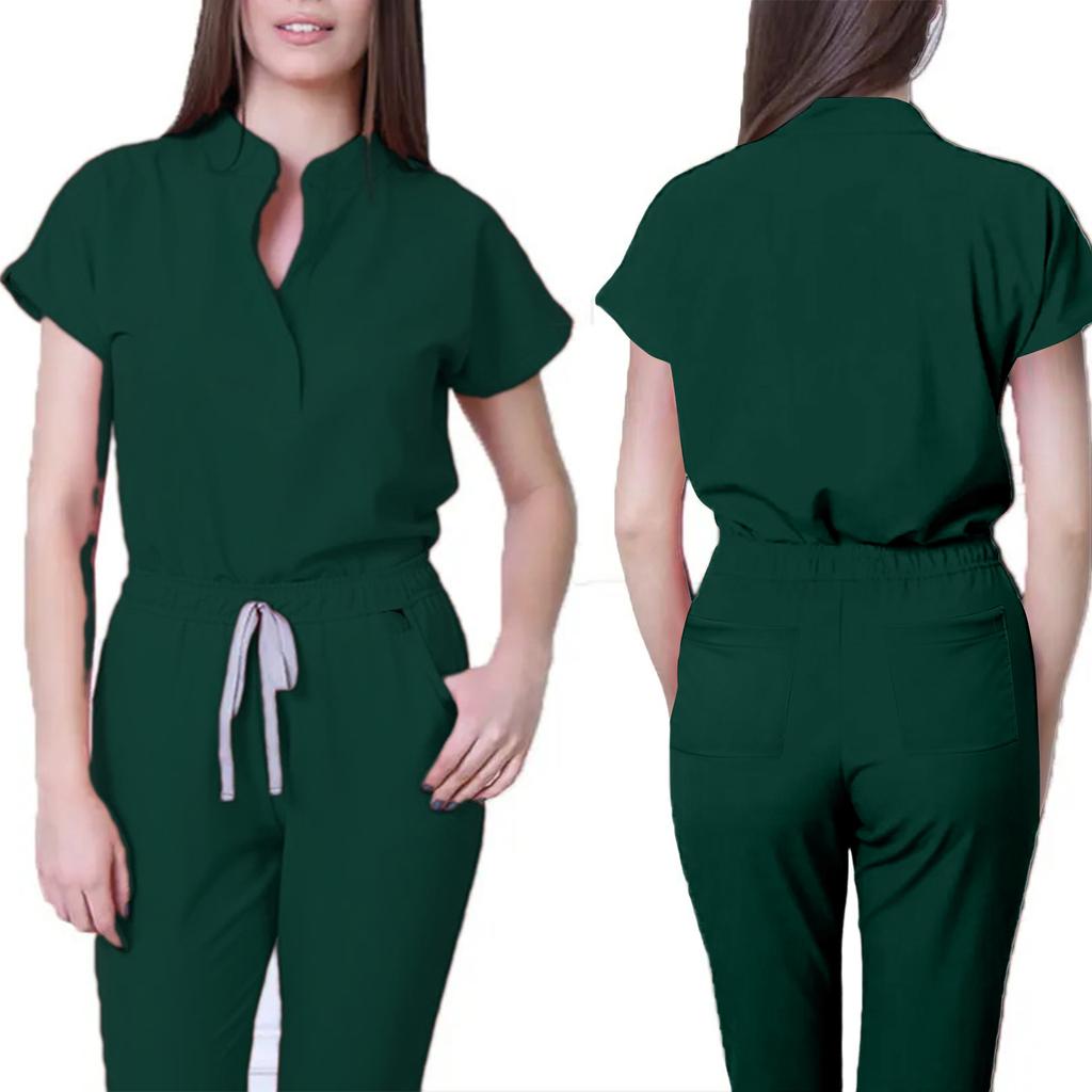 Damen Krankenschwester Overall Stehkragen Kurzarm Mehrfarbig Kordelzug Taille Mehrere Taschen Medizinischer Overall Gesundheitswesen Arbeitskleidung