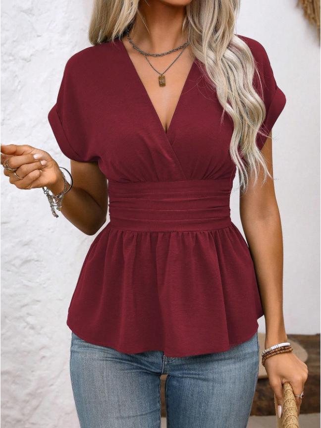 Spring/Summer Women's V-Neck Waist-Cinching Raglan Sleeve Pleated Hem Top