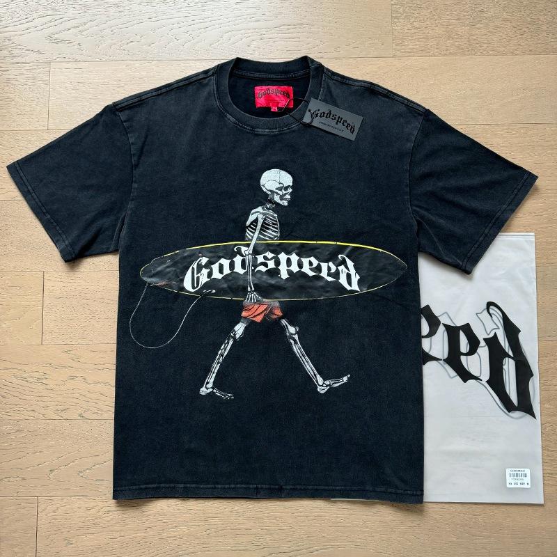 Godspeed retro printing foreign trade beauty tide high street men and women casual trend hip hop apricot old short sleeve T-shirt
