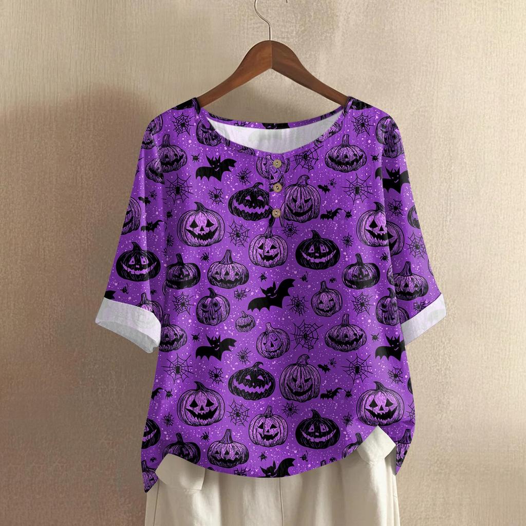 Women's Casual Mid Sleeved Round Neck Halloween Printed Cotton And Linen Top