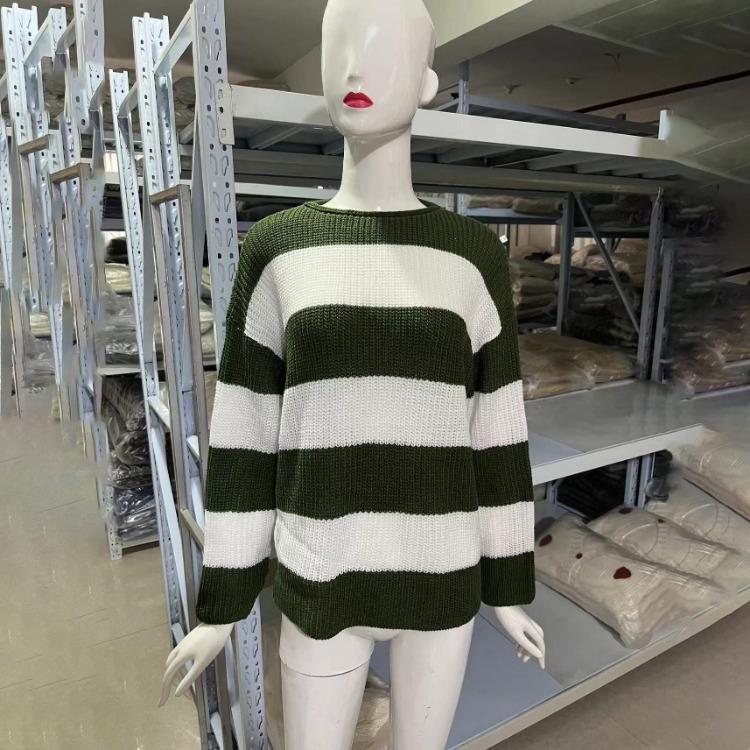 Vintage Women O-Neck Pullover Sweater Loose Long Sleeve Striped Blocking Color Knitted Knitwear Autumn Winter Top