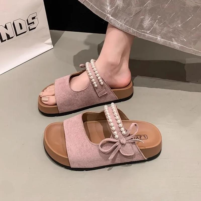 

2025 Spring New French Bow Toe Slippers Women s Outer Wear Platform Thick Bottom Half Slippers Fairy Style Shoes 39 хакі