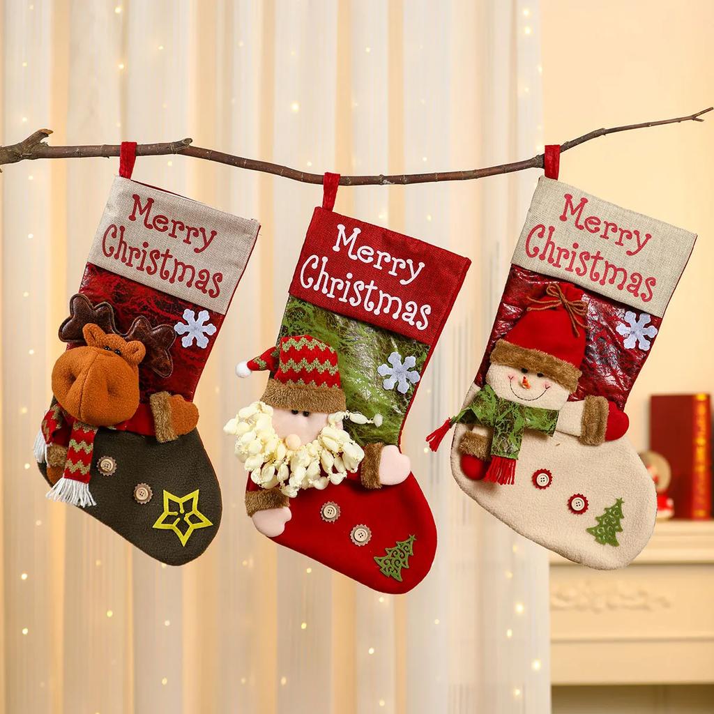 Christmas Socks Cartoon Santa Claus Snowman ELK Gift Bag XMAS Party Decorative 3d Doll Stockings with Button YFA2086