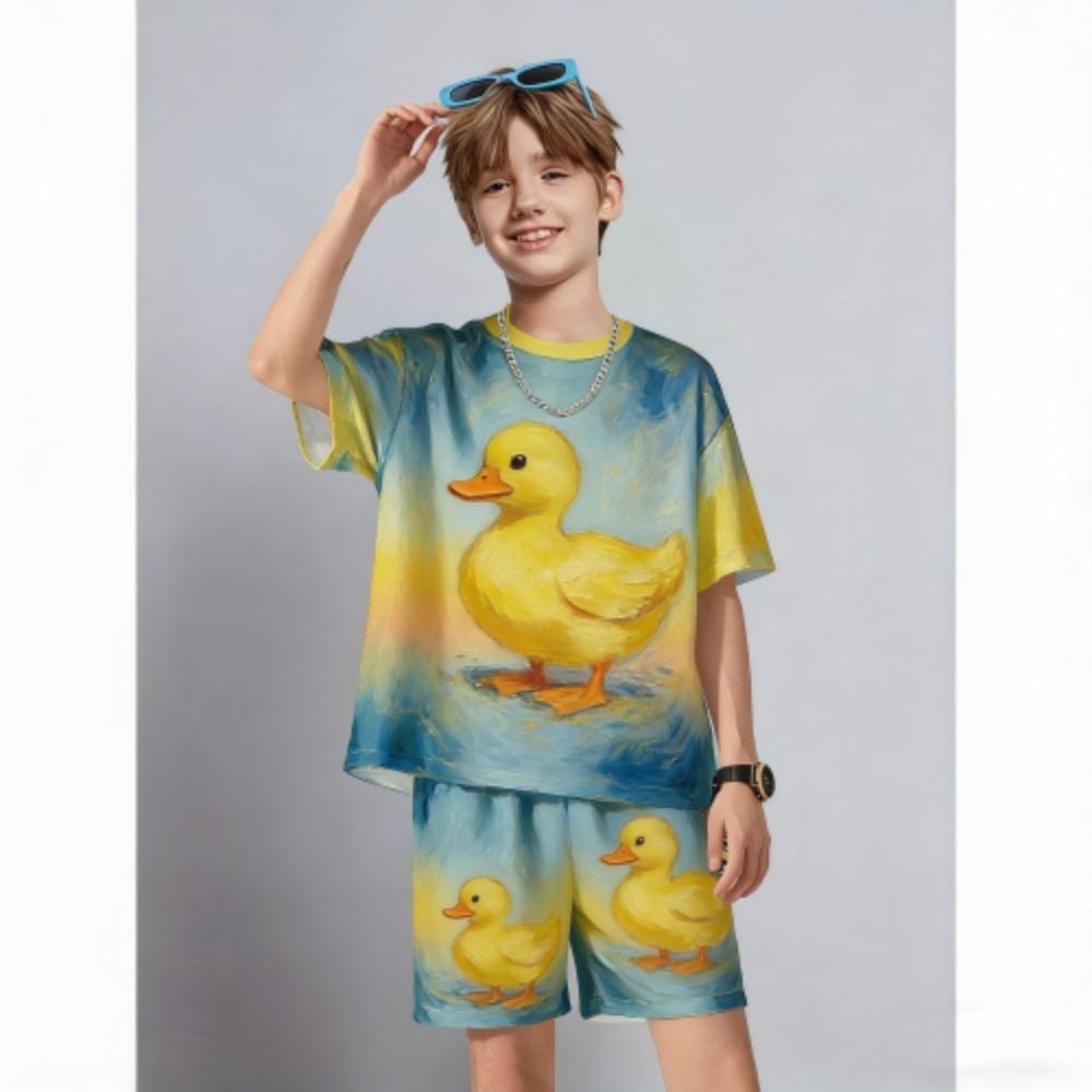 Kids Set Fun Cartoon Duck Printed Kids T-shirt and Shorts 2 Piece Set Summer Casual Outdoor Boys and Girls Outfit Kids Clothing