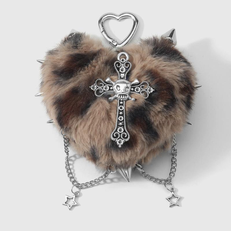 Punk Jewelry Leopard Print Rivet Cross Keychain Goth Cool Grunge Rock Plush Heart Bag Pendant Decoration Accessories Gift