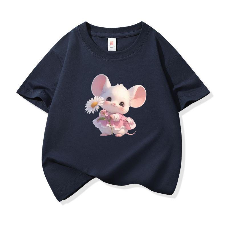 Kids Cotton T Shirt Cute Mouse Holding Daisy Print Crew Neck Short Sleeve Tee Casual Boys Girls Summer Tops