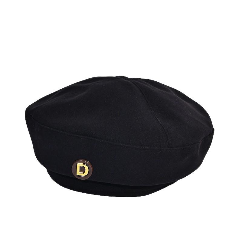 Korean Version Autumn and Winter Retro Hat for Women's Metal D label Beret Big Head Circumference Casual Versatile Painter Hat Showing Small Face
