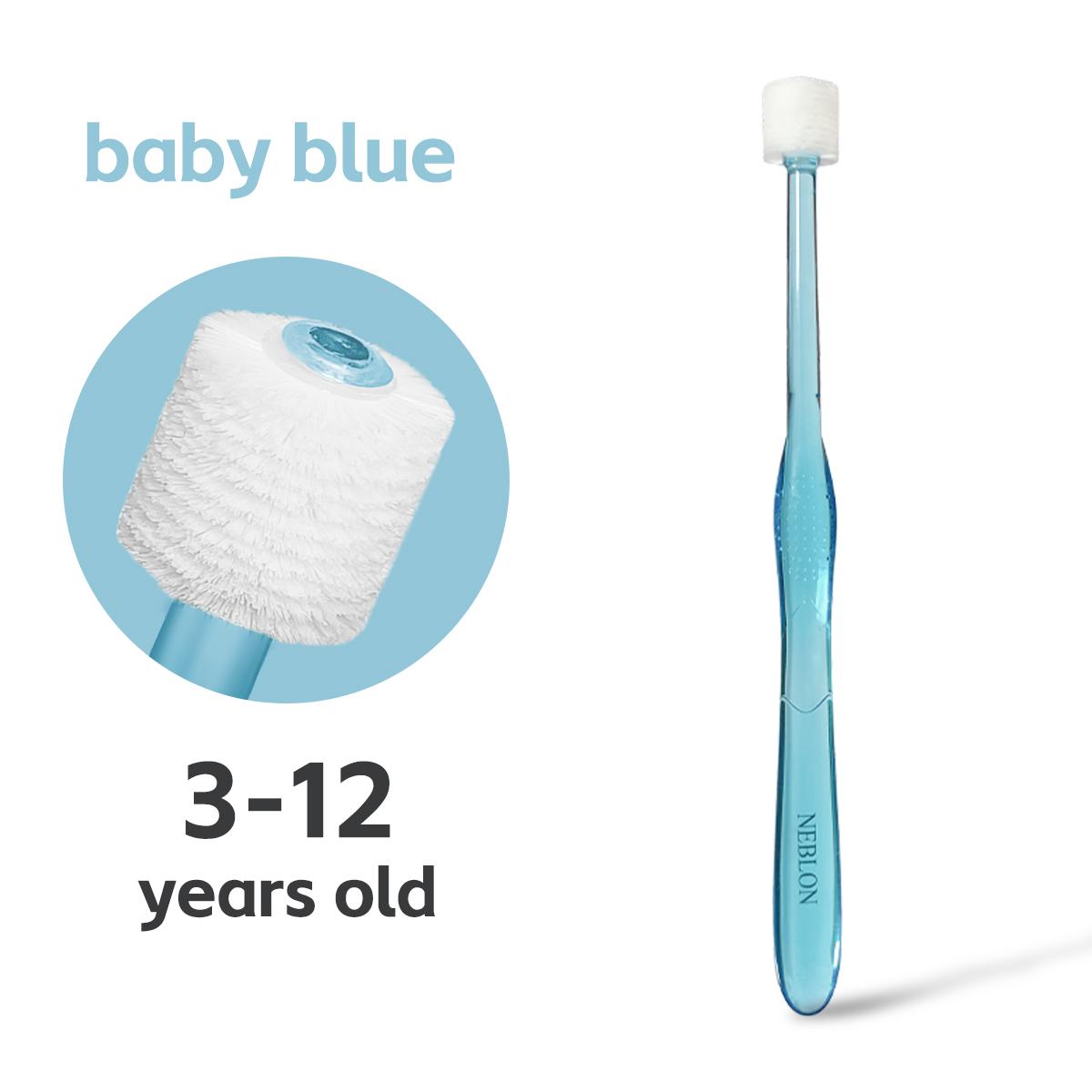 

Детская роликовая зубная щетка NEBLON 360 имеет мягкую и тонкую щетину для безболезненной чистки зубов и пользуется успехом у детей. baby голубой
