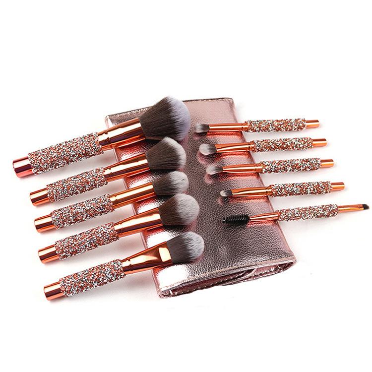 HMU Rubber Handle 10pcs Beautiful Rhinestone Elegant Glitter Bling Make up Brush With Case