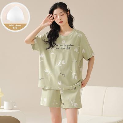 Sommerliche Freizeit Damen Pyjama Set mit Brustpolster O-Ausschnitt T-Shirt & Shorts Nachtwäsche 2-teilige Sets Pyjama für Mädchen Jugend Homewear