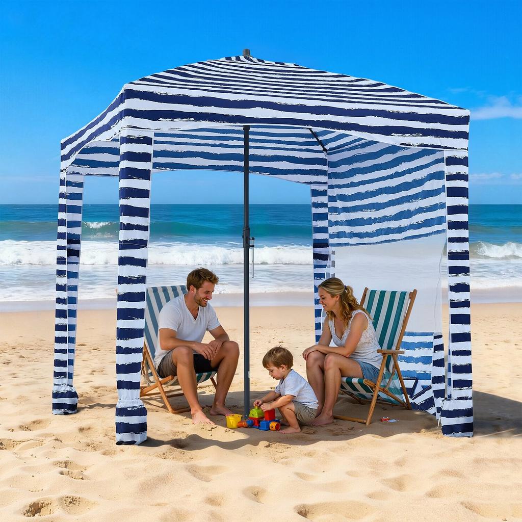 Tenda de Praia, 1,83 x 1,83 m Toldo de Praia com Parede Lateral, Proteção UPF 50+ Tenda Cabana de Montagem Fácil com Bolsos de Areia, Abrigo Solar Portátil