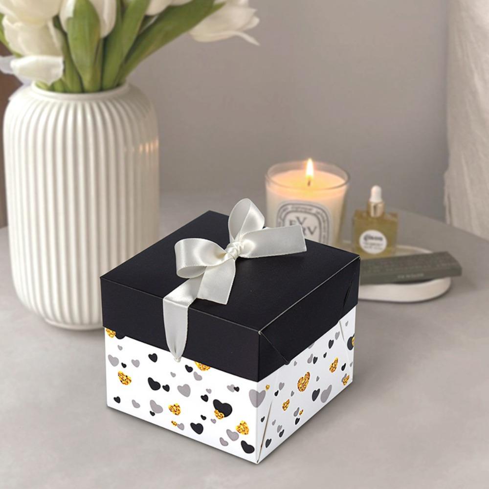 10pcs Gift Boxes with Lids Square Treat Boxes with White Ribbon Paper Party Favors Boxes Candle Boxes Elegant Black & White Gift Boxes