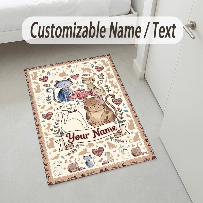 Cat Theme Crystal Velvet Rug Personalized Custom Name Text Soft Floor Mat Home Decor