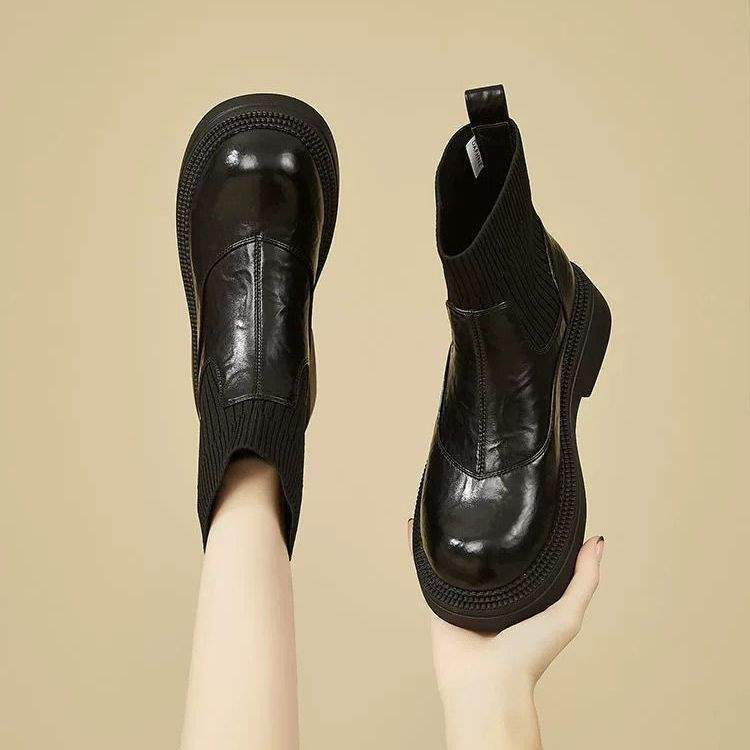 Elastic Thin Boots Women's Autumn and Winter Thick-soled Velvet Heightening Socks Boots Round Head 2025 Short Boots New Chelsea British Style