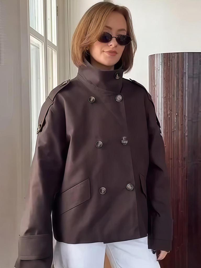 2025 European & American Style Double-Breasted Short Trench Coat with Stand Collar