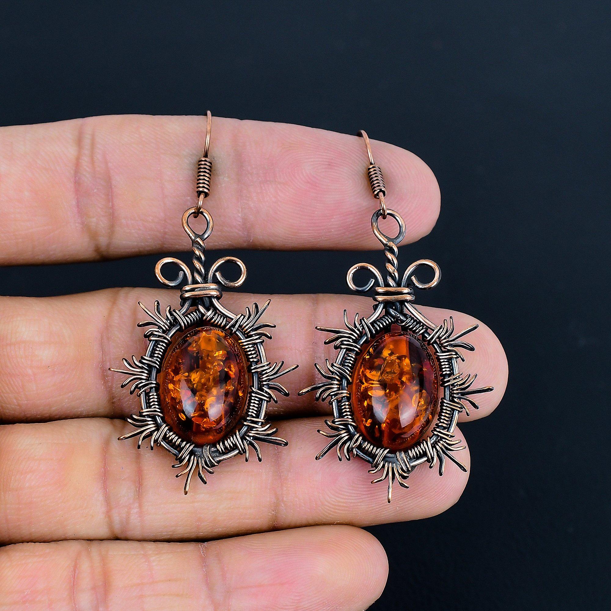 

Серьги из балтийского янтаря, ювелирные изделия из драгоценных камней, обернутые медной проволокой 999 пробы, серьги ручной работы ко Дню матери 2.36 Inches