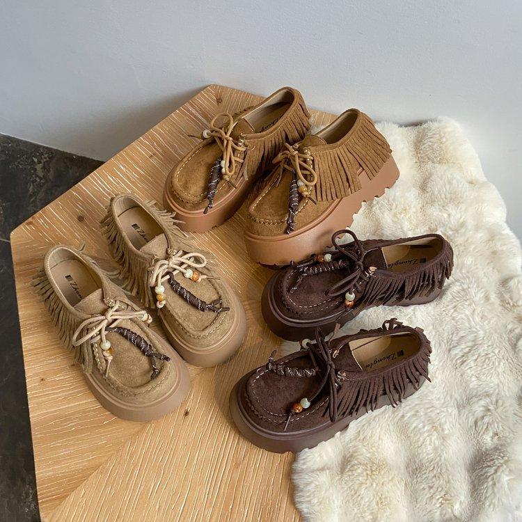 European 2025 new matte leather thick-soled heightening muffin tassel lace casual women's loafers small single shoes