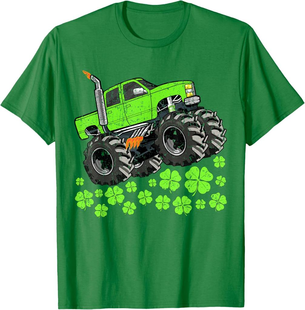 St Patricks Day Monster Truck Graphic Tee Shirt Green Clover Casual Short Sleeve Tops