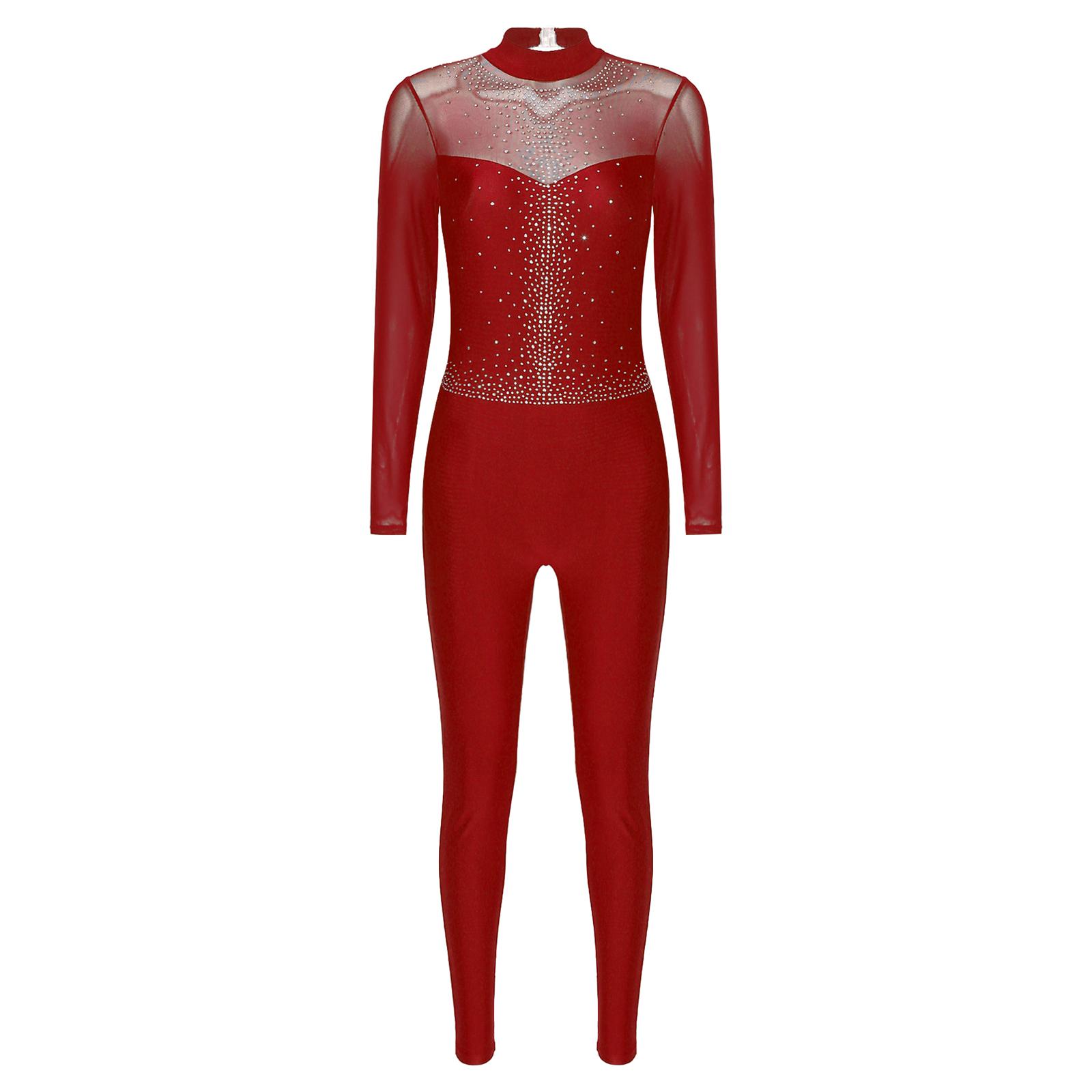 

Женский блестящий гимнастический комбинезон с длинным рукавом, прозрачная сетка, пэчворк, открытая спина, стразы, боди, танцевальный костюм для выступлений S бордовый