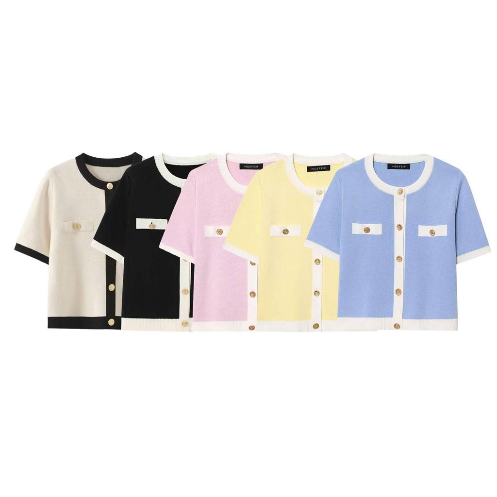 Women's European/American Color Block Knit Top, Round Neck, Short Sleeve, Autumn Collection.