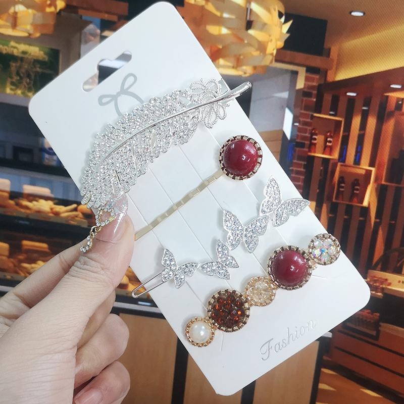 Korea Shiny Crystal Hair Clip Set Fashion Hair Accessories  Trend For Women Girl Pearl Rhinestone Hairpin Side Clip For Hair