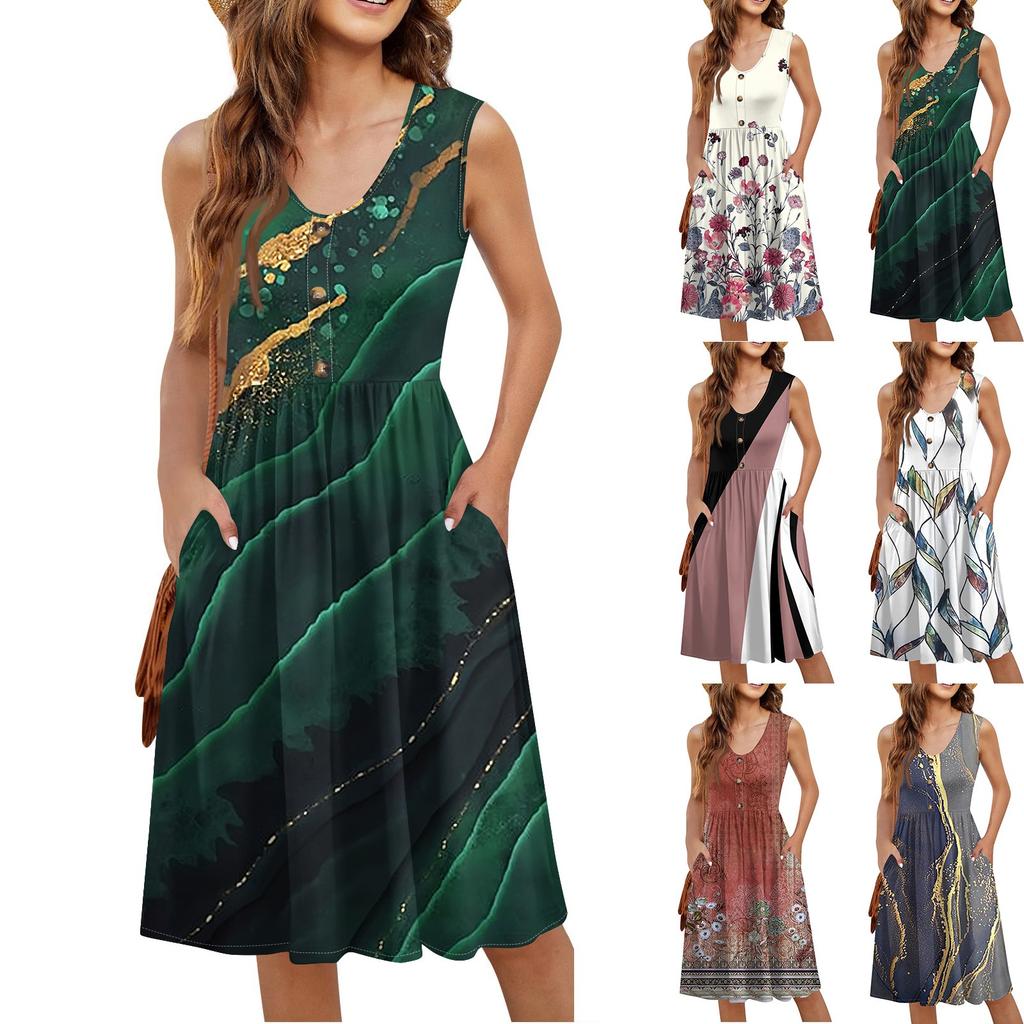 Women Summer Dresses Sleeveless Casual Loose Swing Button Down Midi Sundress With Pockets