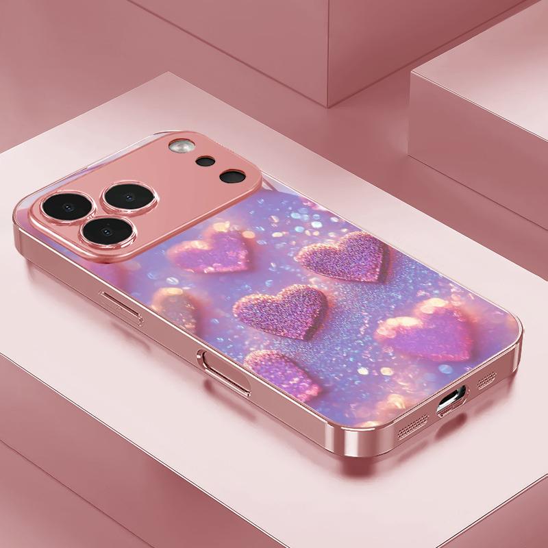 Glitter Purple Heart Pink Metallic Glass Phone Case For iPhone 11 12 13 14 15 16 17 Pro Max Plus 17Air 16E 7 8 XsMax Back Cover