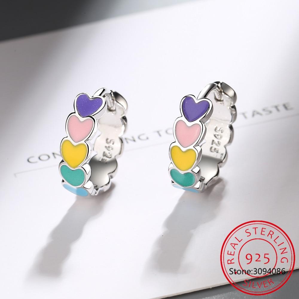 Genuine S925 Sterling Silver Rainbow Color Enamel Heart Hoop Earrings For Women  New Ear Hoops Female Fine Jewelry